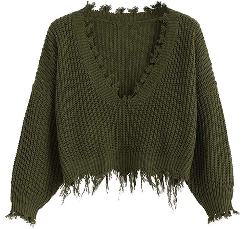 ZAFUL Women V Neck Loose Knitted Sweater Long Sleeve Ripped Jumper Pullover Crop Top Sweaters