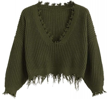 ZAFUL Women V Neck Loose Knitted Sweater Long Sleeve Ripped Jumper Pullover Crop Top Sweaters