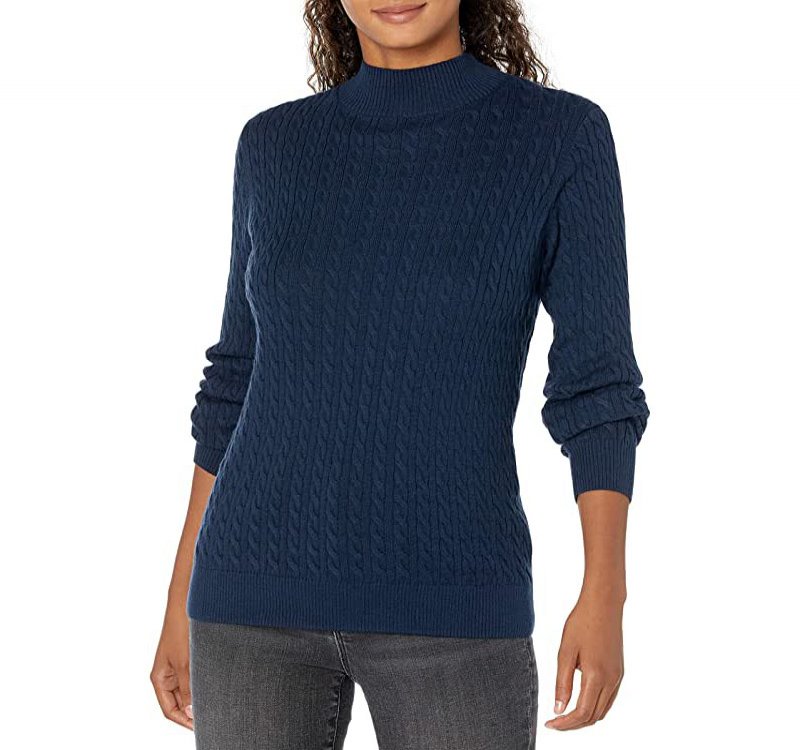 Essentials Women Classic fit Lightweight Cable Long sleeve Mockneck Sweater